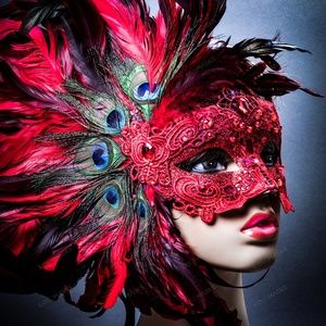 Red Venice Carnival Feather Peacock Party Mask